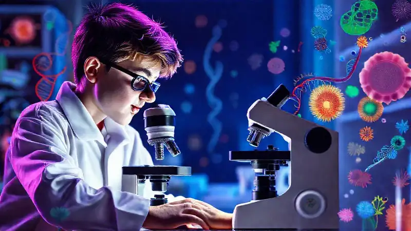 Estudiante estudia biología con microscopio moderno