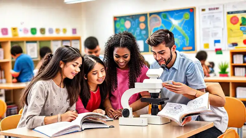 Estudiantes colaborando en estudio de biología