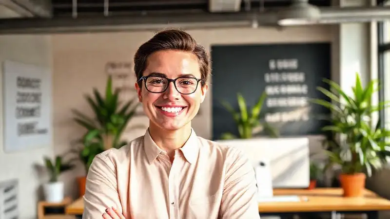 Profesional feliz en oficina moderna y positiva