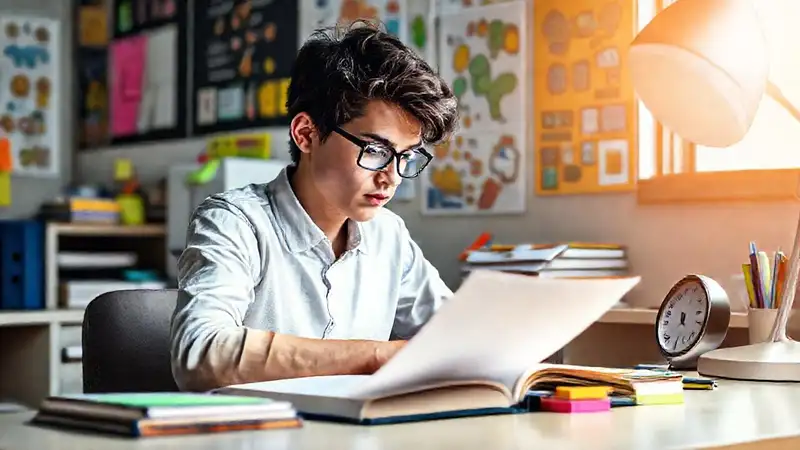 Estudiante concentrado en un espacio organizado y motivador