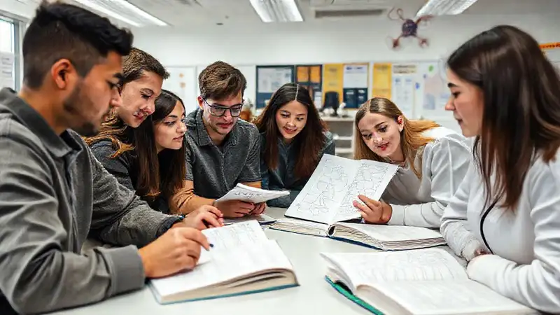 Estudiantes colaboran en clase de biología
