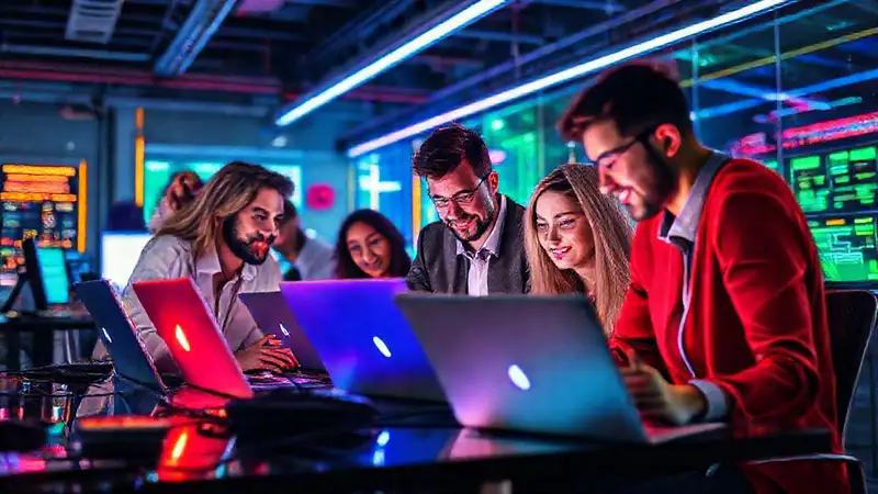 Equipo diverso trabajando en tecnología futurista