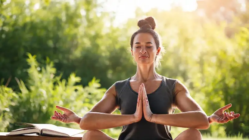 Persona haciendo yoga en naturaleza con calma