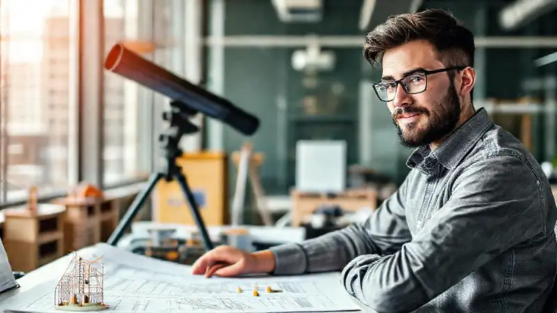 Estudiante de ingeniería con planos y herramientas