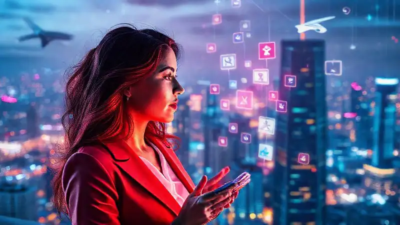 Mujer profesional conectada en industria aeroespacial
