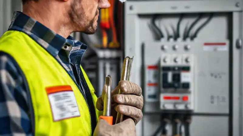 Electricista con equipo y herramientas de seguridad