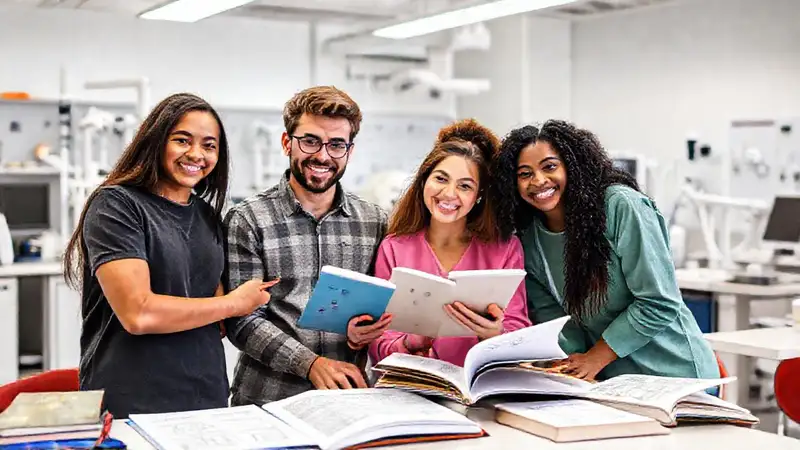 Estudiantes en aula moderna, apoyo y motivación