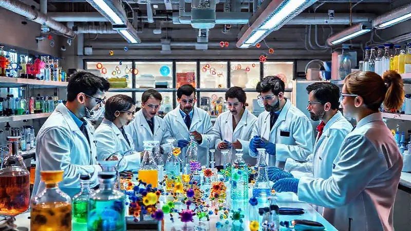 Laboratorio químico lleno de científicos e innovación