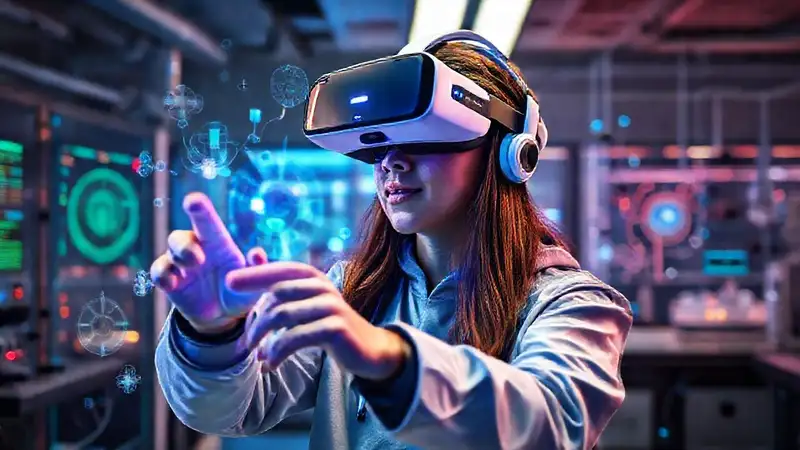 Estudiante usa realidad virtual en laboratório futurista