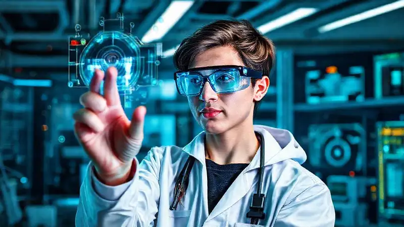 Estudiante de ingeniería biomédica con hologramas futuristas