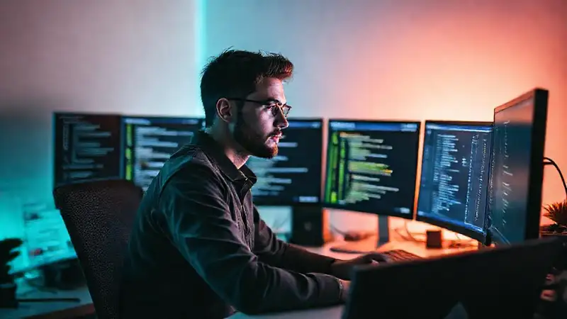 Programador concentrado en un escritorio organizado y moderno