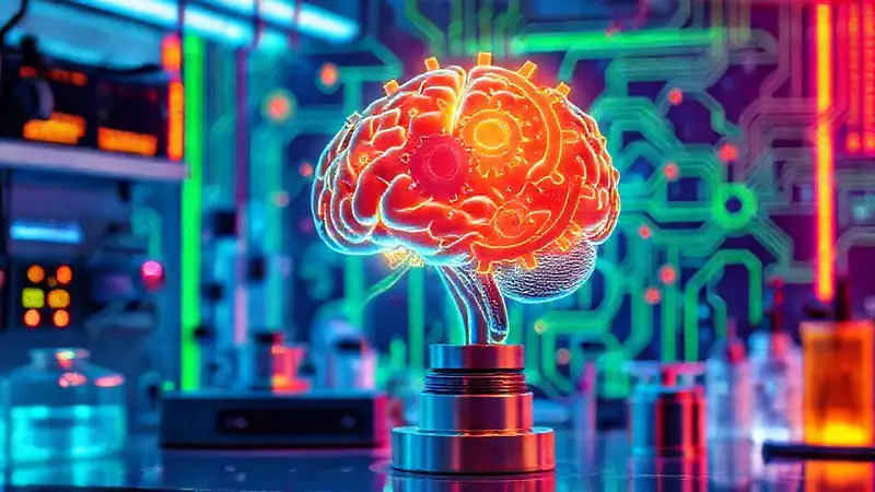 Laboratorio futurista con cerebro digital brillante