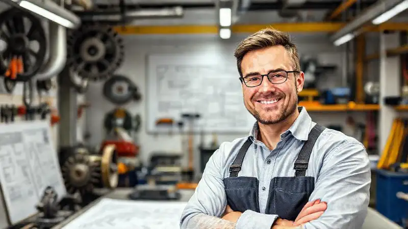 Ingeniero confiado en taller moderno y limpio