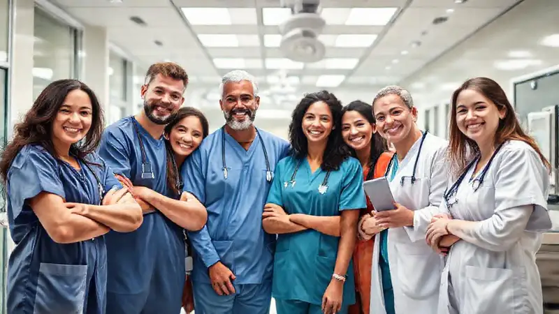 Equipo médico unido en hospital moderno