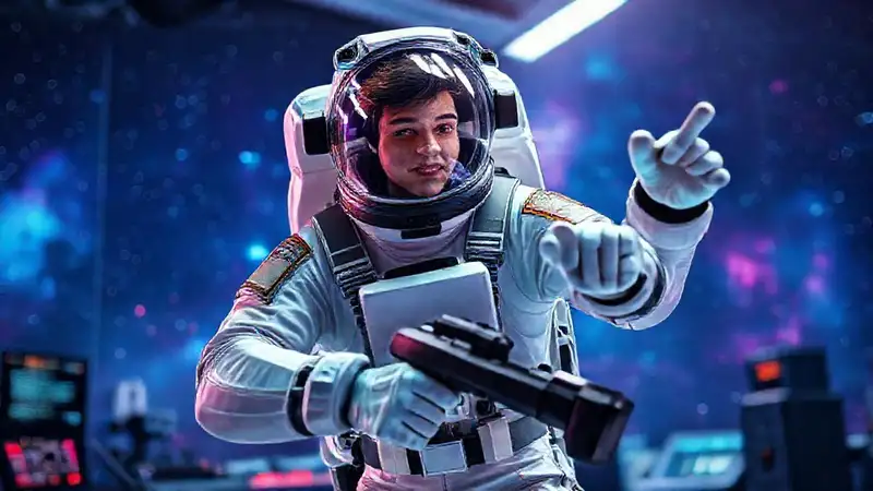 Estudiante astronauta en traje futurista haciendo ejercicio