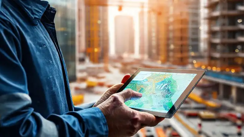 Ingeniero civil con mapas digitales en obra