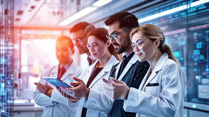 Ingenieros biomédicos futuristas en laboratorio innovador