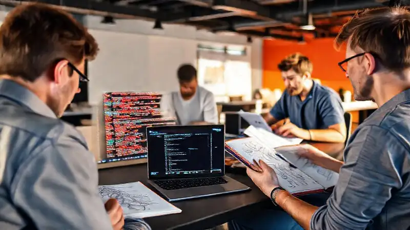 Programadores creativos en entorno moderno colaborando