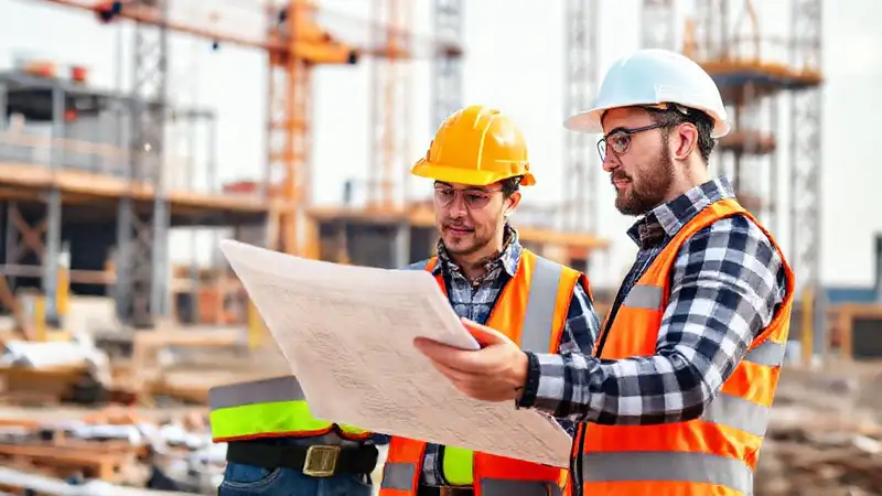 Ingeniero civil revisa planos en obra