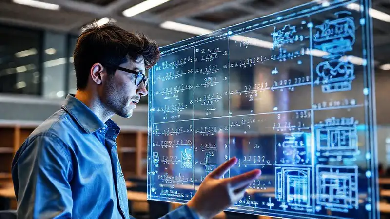 Estudiante de ingeniería resolviendo ecuaciones holográficas
