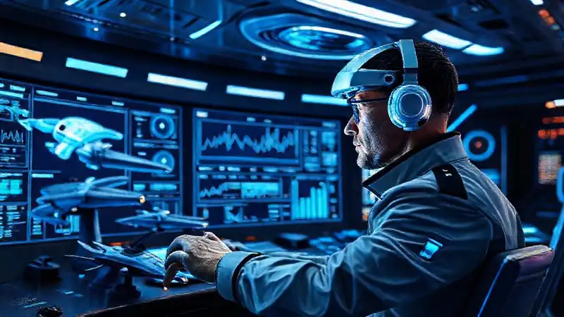 Ingeniero futurista analiza datos en holograma