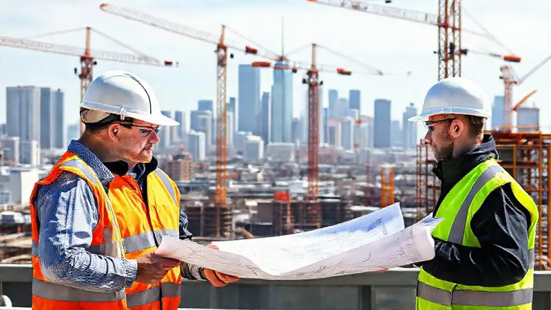 Ingenieros revisan planos en el sitio de construcción