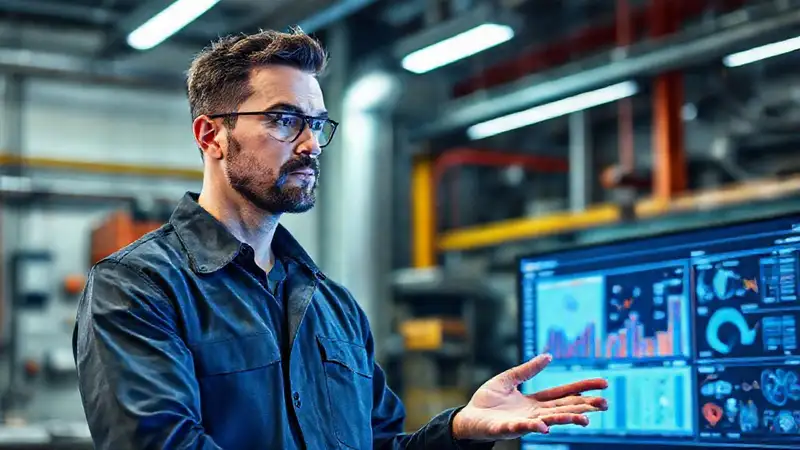 Ingeniero presenta gráficos en ambiente moderno
