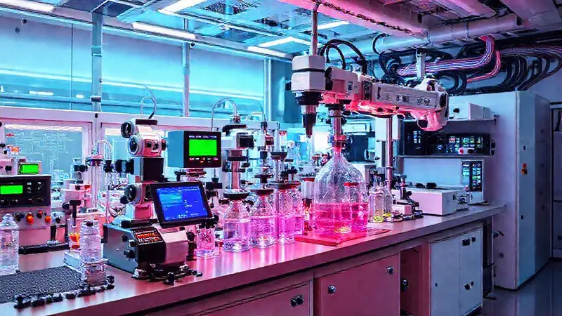 Laboratorio futurista con tecnología avanzada y robots