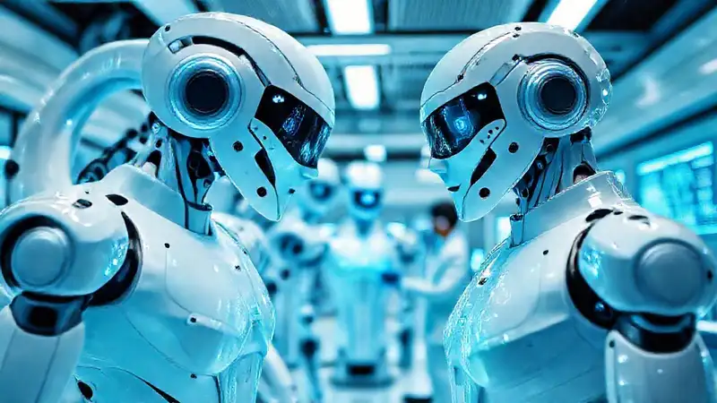 Robots biomédicos futuristas en laboratorio digital