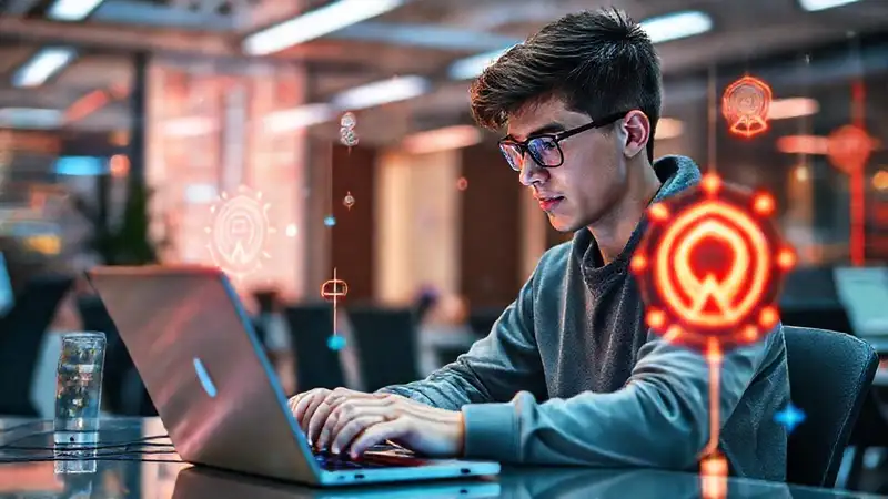 Joven graduado programando en entorno futurista