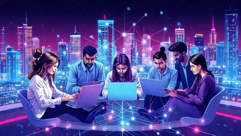 Personas conectadas en una ciudad futurista