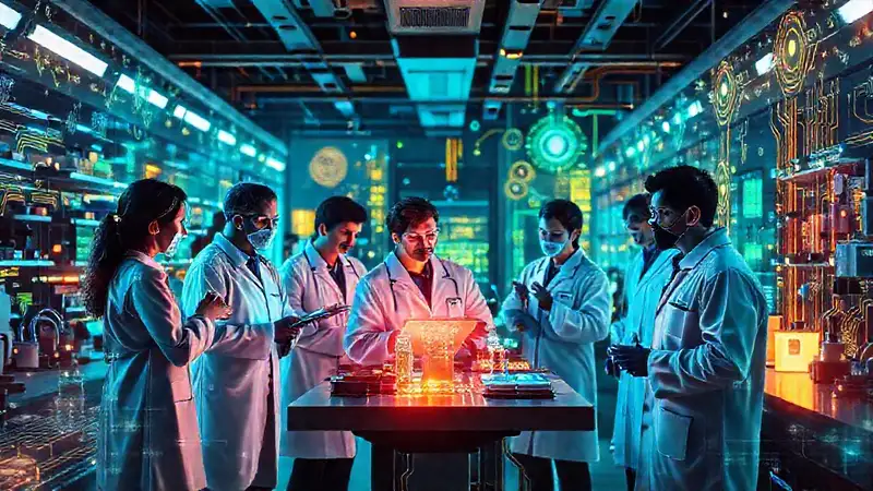 Laboratorio futurista con científicos colaborando digitalmente