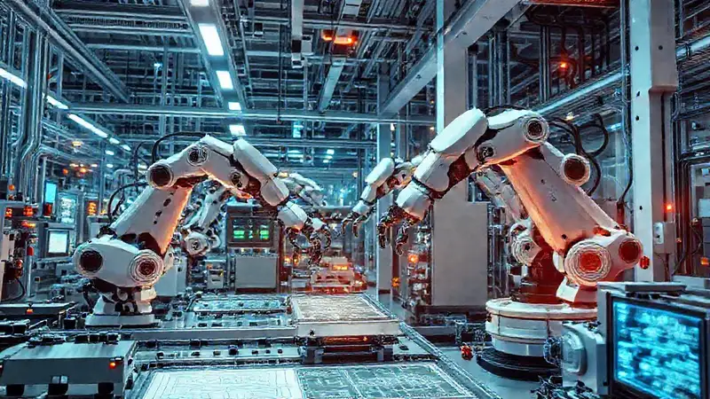 Fábrica futurista con robots y tecnología avanzada