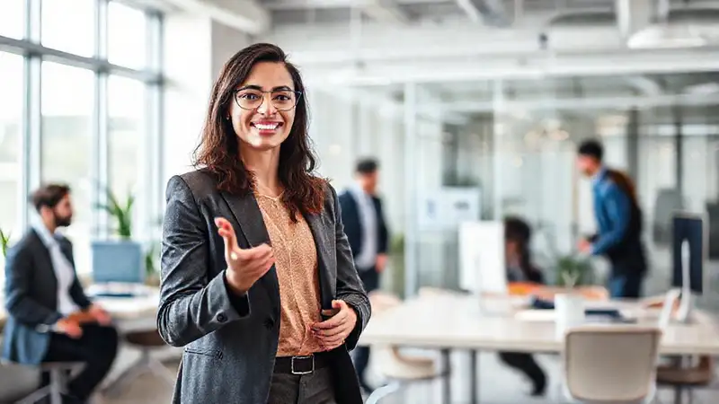 Joven profesional presenta en oficina moderna