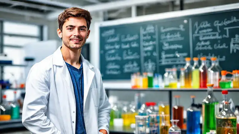 Joven profesional en laboratorio con equipos y fórmulas