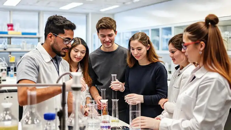Estudiantes de ingeniería química en laboratorio seguro
