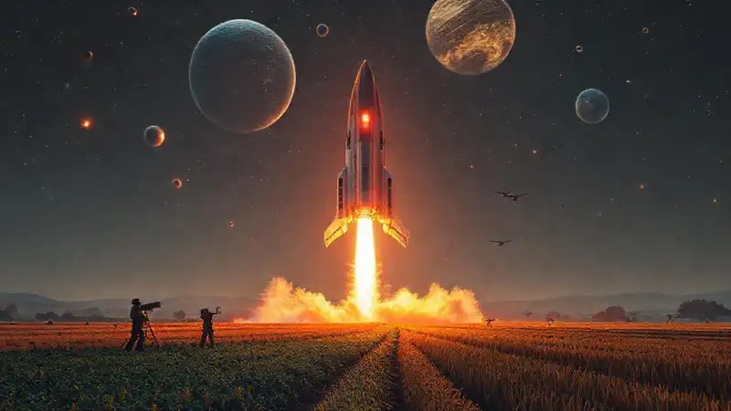 Espacio futurista y astrónomos en agricultura