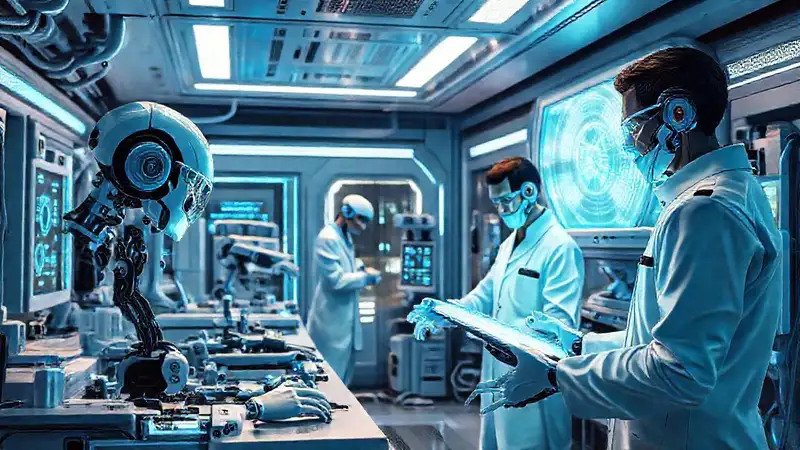 Laboratorio futurista con tecnología avanzada y hologramas