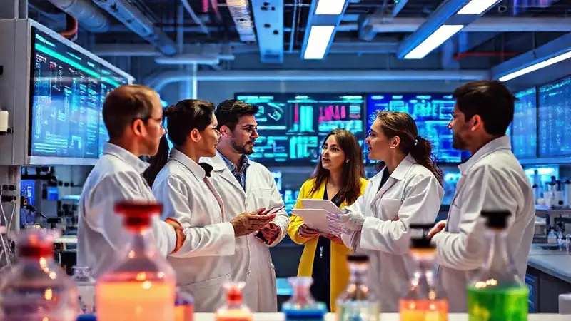 Ingenieros químicos trabajan en laboratorio futurista avanzado