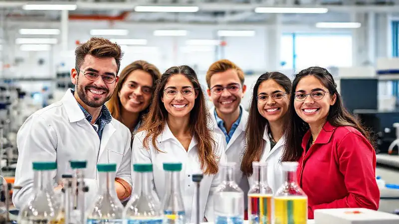 Ingenieros jóvenes en laboratorio moderno y vibrante