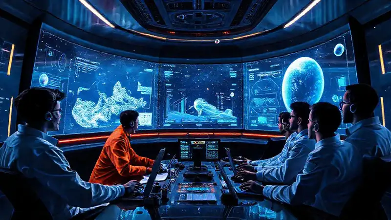 Sala de control futurista con ingenieros colaborando