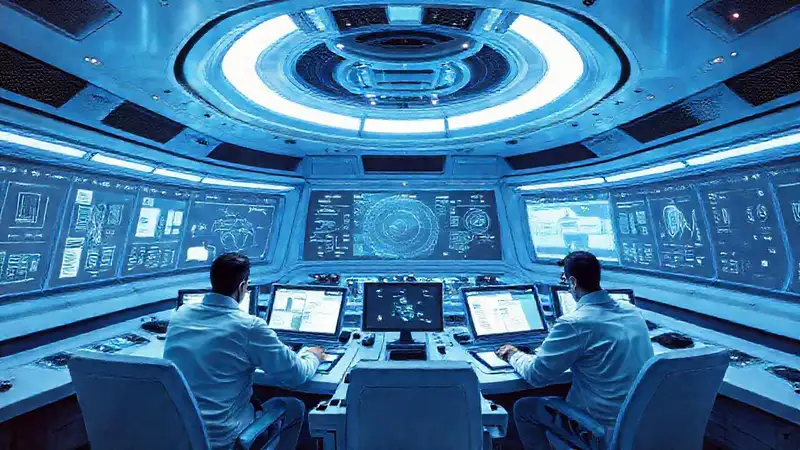 Sala de control aeroespacial moderna y tecnológica
