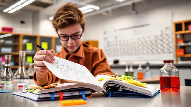 Estudiante revisa ecuaciones químicas en aula