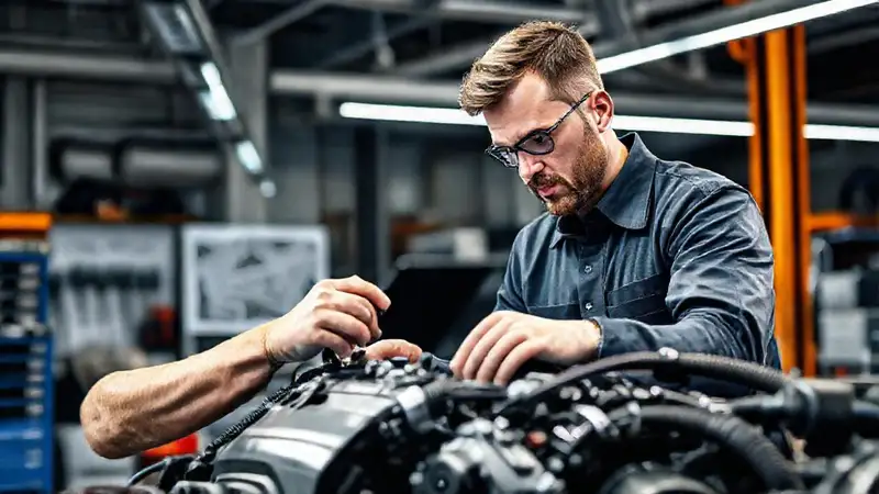 Ingeniero revisa motor en taller moderno
