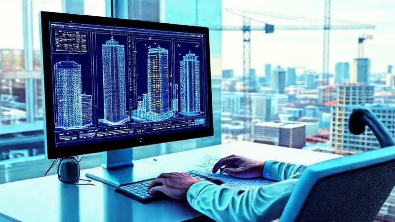 Ingeniero civil diseña con software y planos