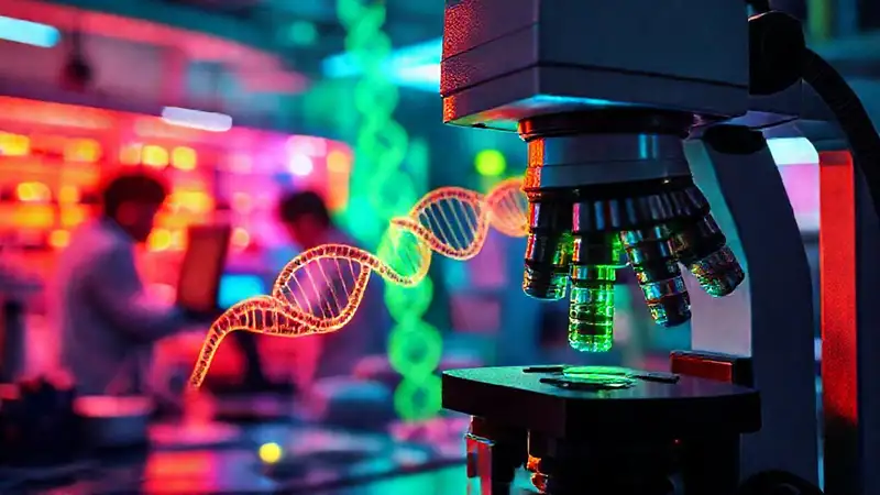 Herramientas gene editing, microscopio y ADN brillante