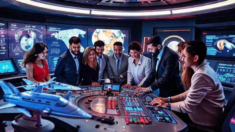 Equipo diverso en un centro espacial futurista