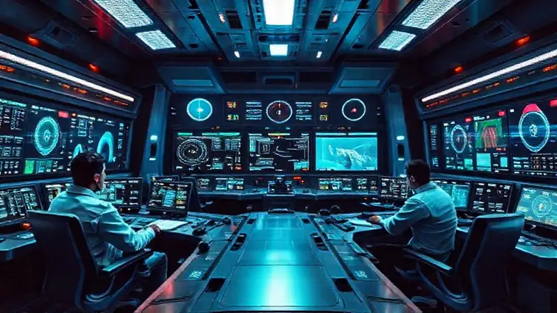 Sala de control aeroespacial futurista y tecnología avanzada