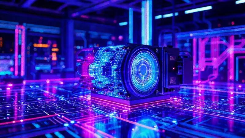 Fuente cuántica futurista en laboratorio moderno
