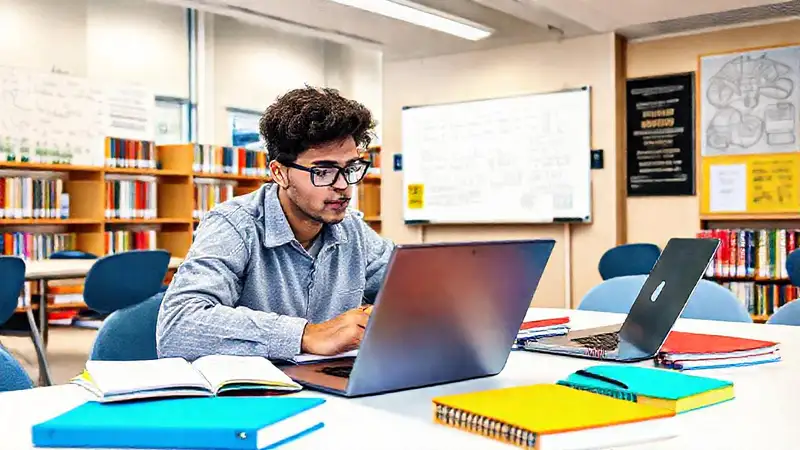 Estudiante estudia en espacio organizado y moderno